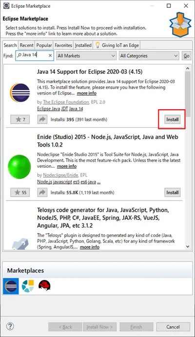 Java 14 Support for Eclipse をインストール